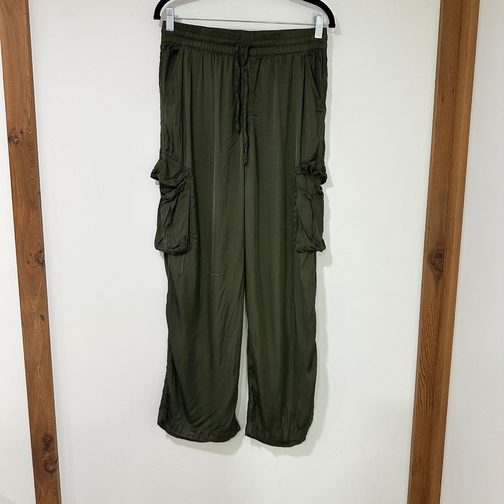 Aerie Womens S Olive Green Viscose Cargo Pants Wide Leg Drawstring Utility